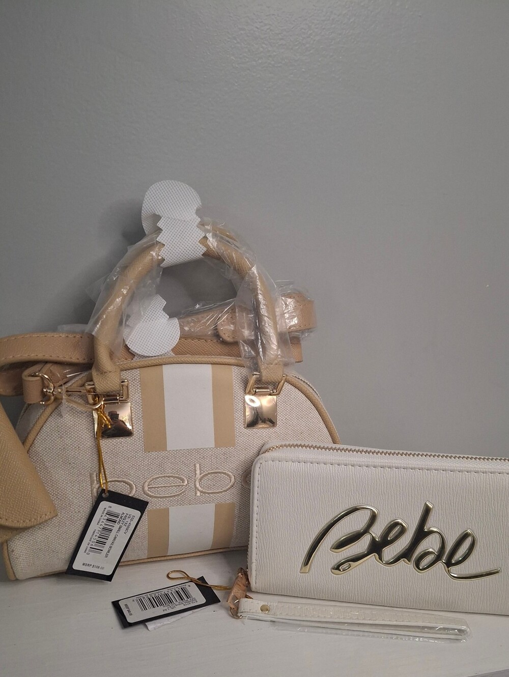 Bebe Beige Bowler Bag & Matching Wristlet Wallet Set NWT Crossbody